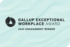 A textured background along with copy stating "Gallup Exceptional Workplace Awards - 2025 Engagement Winner".