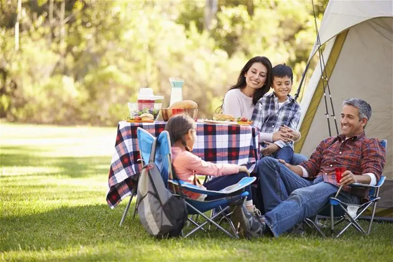 A family of four having a picnic at a campground