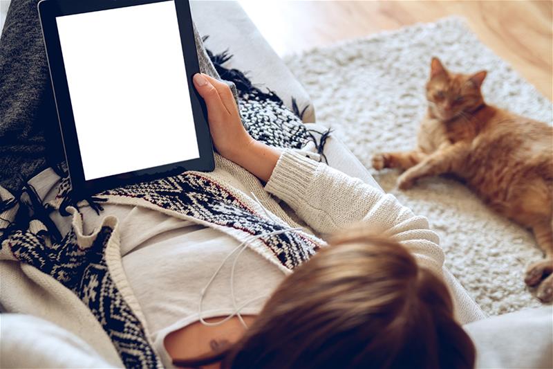 Woman looking at her tablet on the couch while an orange tabby cat lounges nearby