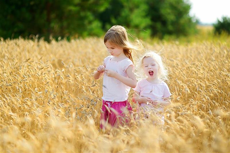 Two young girls play in a field of tall golden grass