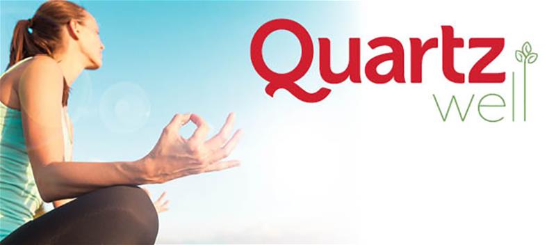 Woman meditating and Quartz Well logo