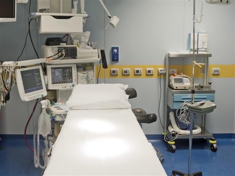 Hospital room with a hospital bed and equipment