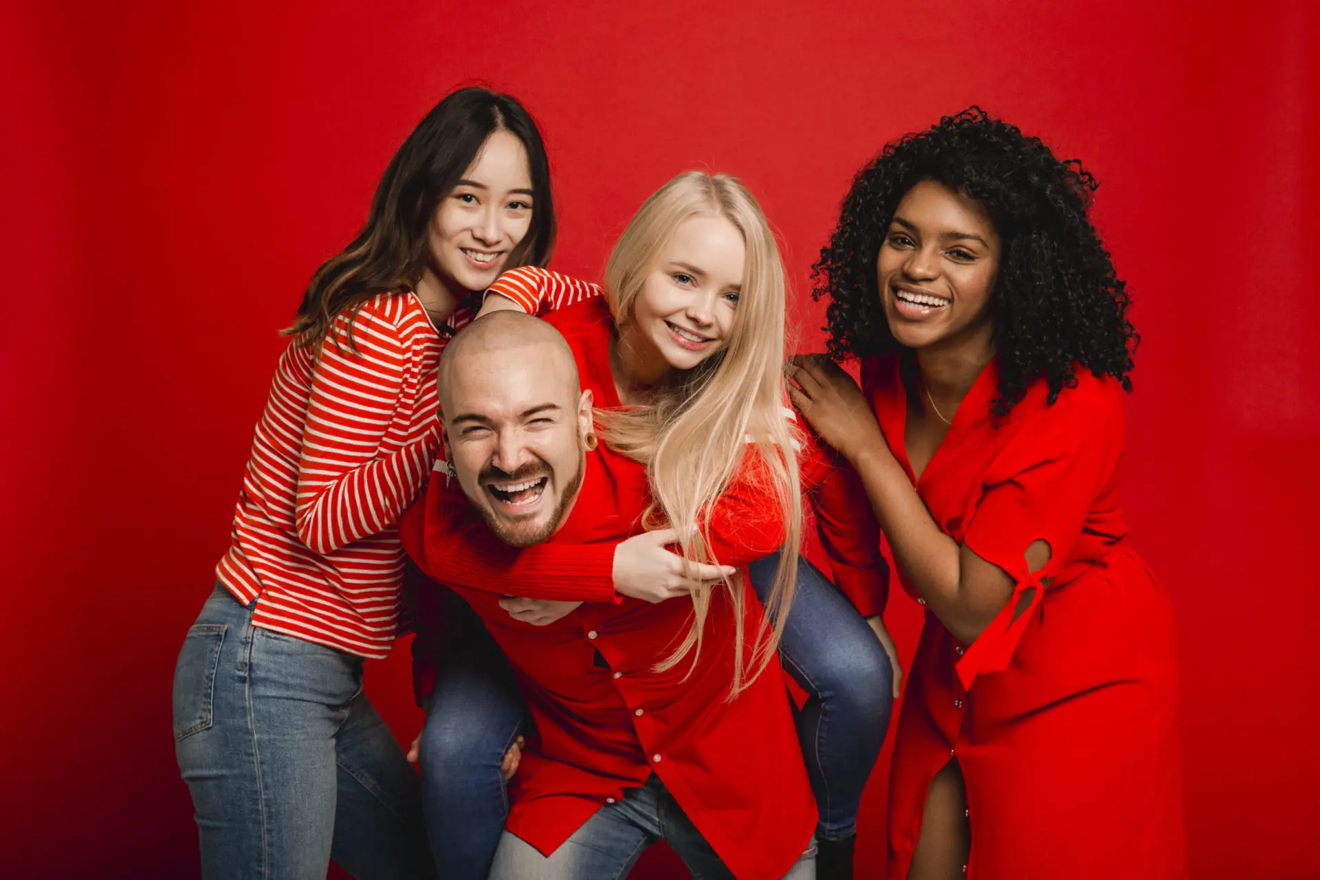 A group of people wearing red