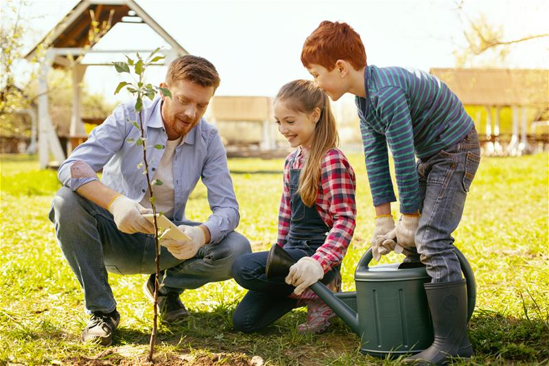 Hijo e hija ayudando a su padre a plantar un árbol