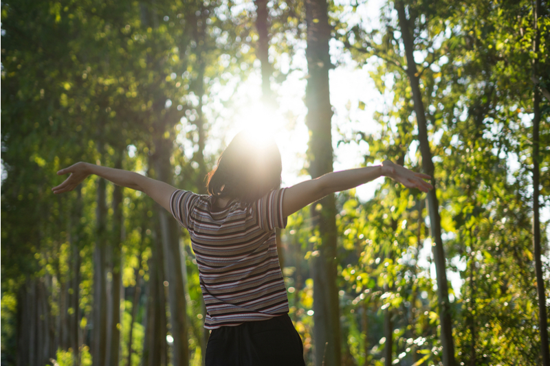 Chica en el bosque extendiendo los brazos y mirando al sol que brilla entre los árboles