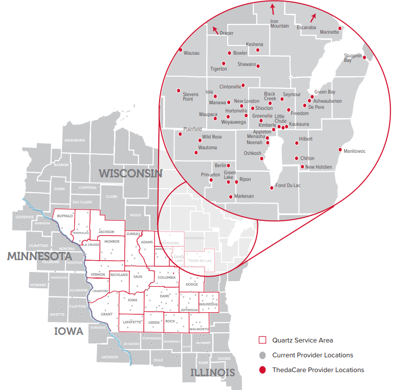 Mapa de Wisconsin con la ubicación de los proveedores de ThedaCare