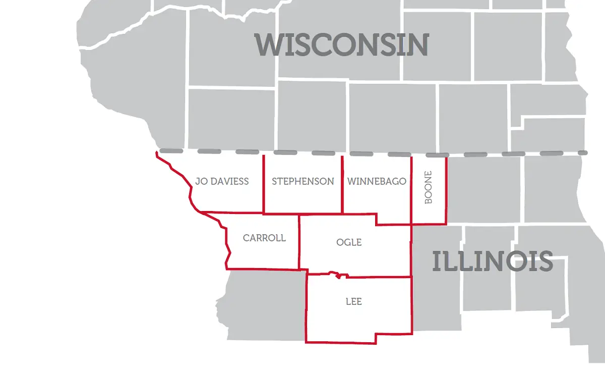 A map of service area counties in Illinois