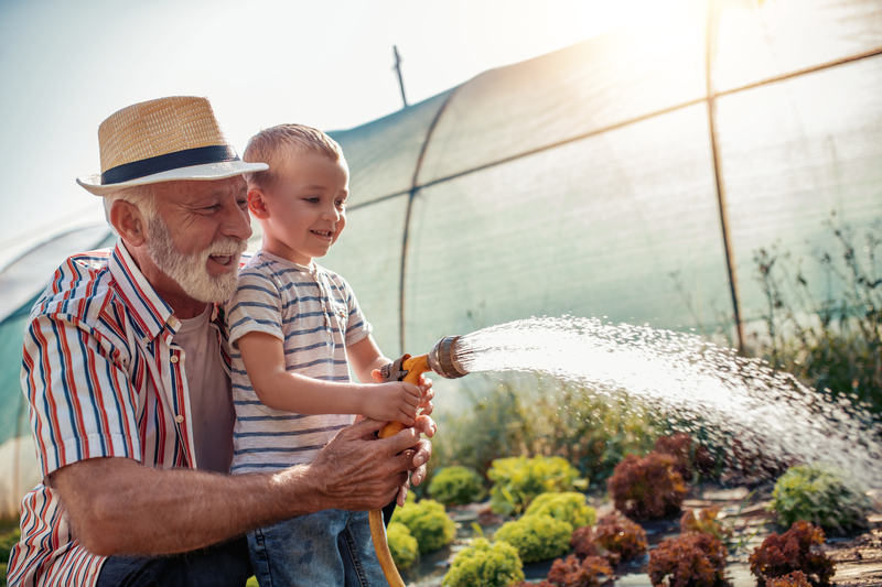 Grandpa and grandson watering plants with a hose
