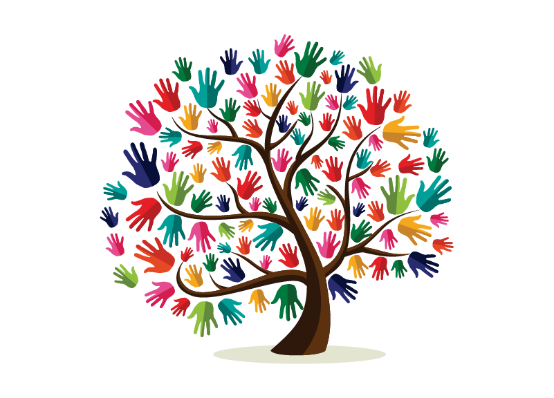 Representación del Árbol de la Vida con manos de muchos colores