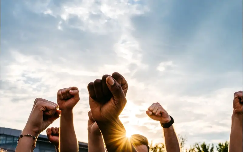 Group of fists raised in solidarity