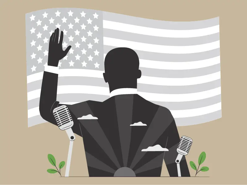 A graphic depiction of man making a speech