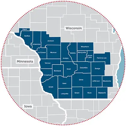 A map of large group counties of Quartz One in Wisconsin