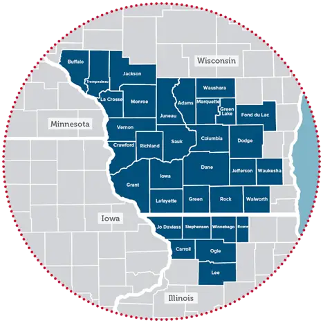 A map of Wisconsin and Illinois Counties service area