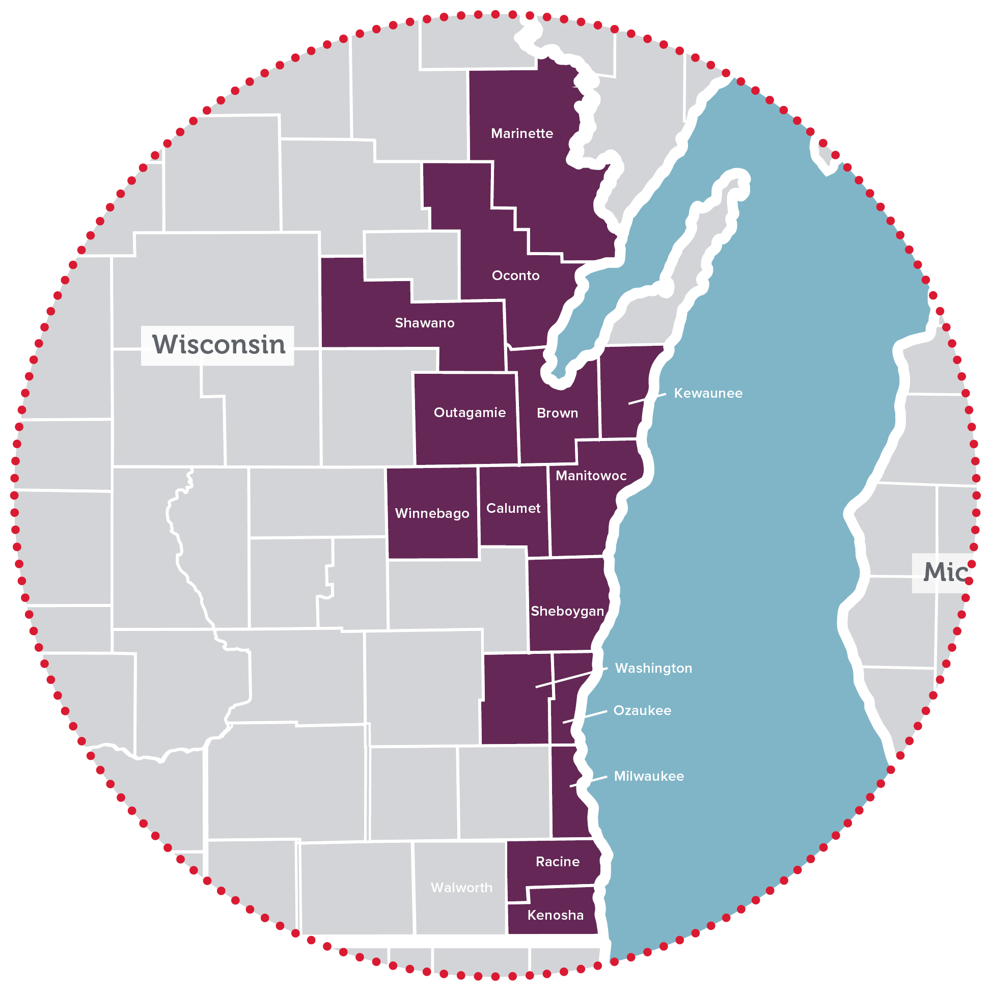 Map of Wisconsin Counties showing Aurora Health Care service area