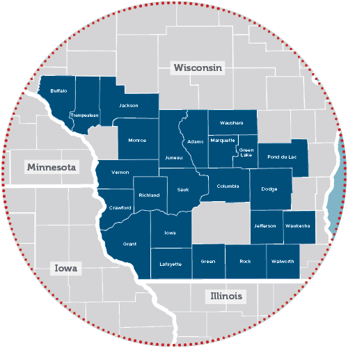 Mapa de los condados de Wisconsin que muestra el área de servicio de Tiered Plus Choice