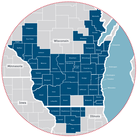 QuartzOneMap-470px Map of counties in Wisconsin and Illinois that are covered by Quartz One