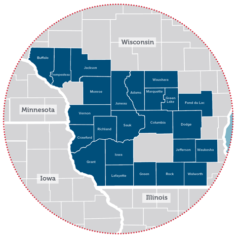 Map of Wisconsin counties covered in the Tiered Choice Network