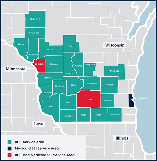 Mapa de las áreas de servicio de Medicaid en los condados de Wisconsin