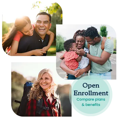 Three collages of smiling members with an open enrollment icon