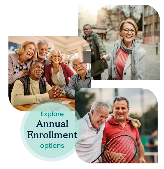 Three collages of senior men and woman with an annual enrollment icon