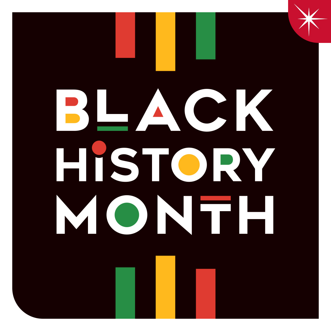Image featuring the words "Black History Month" and colors representing this theme: black, red, yellow and green. The white and red spark of Quartz Benefits is also displayed in the top right corner.