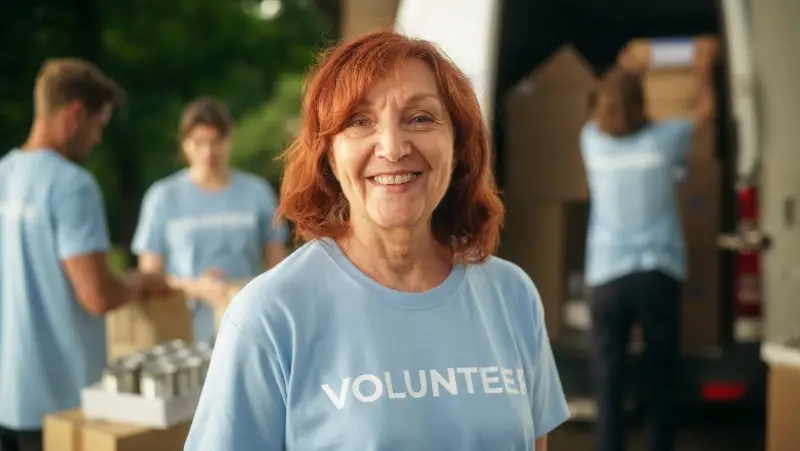 Person wearing a volunteer shirt at a food pantry delivery.