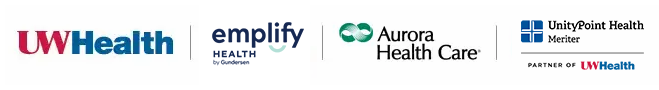 UW Health, Emplify by Gundersen, Aurora Health Care, and UnityPoint Health Meriter logos