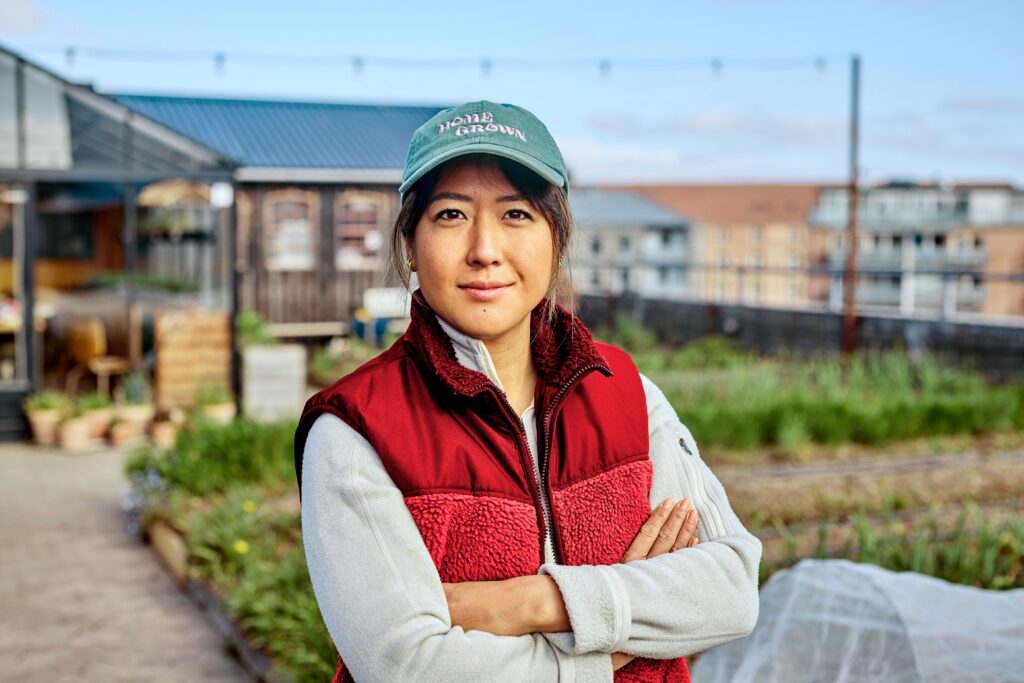 Portrait of an urban farmer on a rooftop farm.
